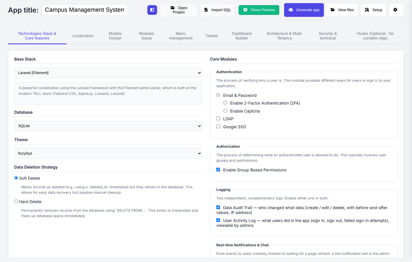 Technologies Stack tab — Laravel + Filament, database engine, deletion strategy and core module checklist