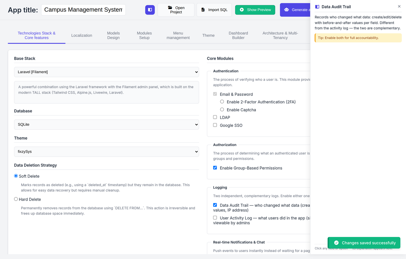 Fixzy SysMaker studio with contextual help panel — focus any field and its explanation appears on the right