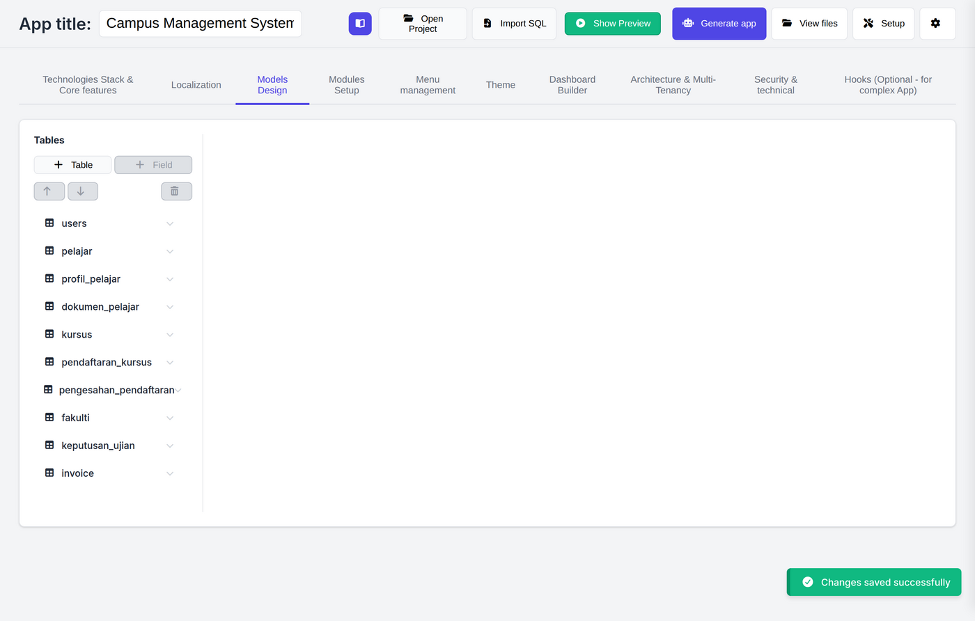 Models Design tab — tables and fields with type, length and validation settings