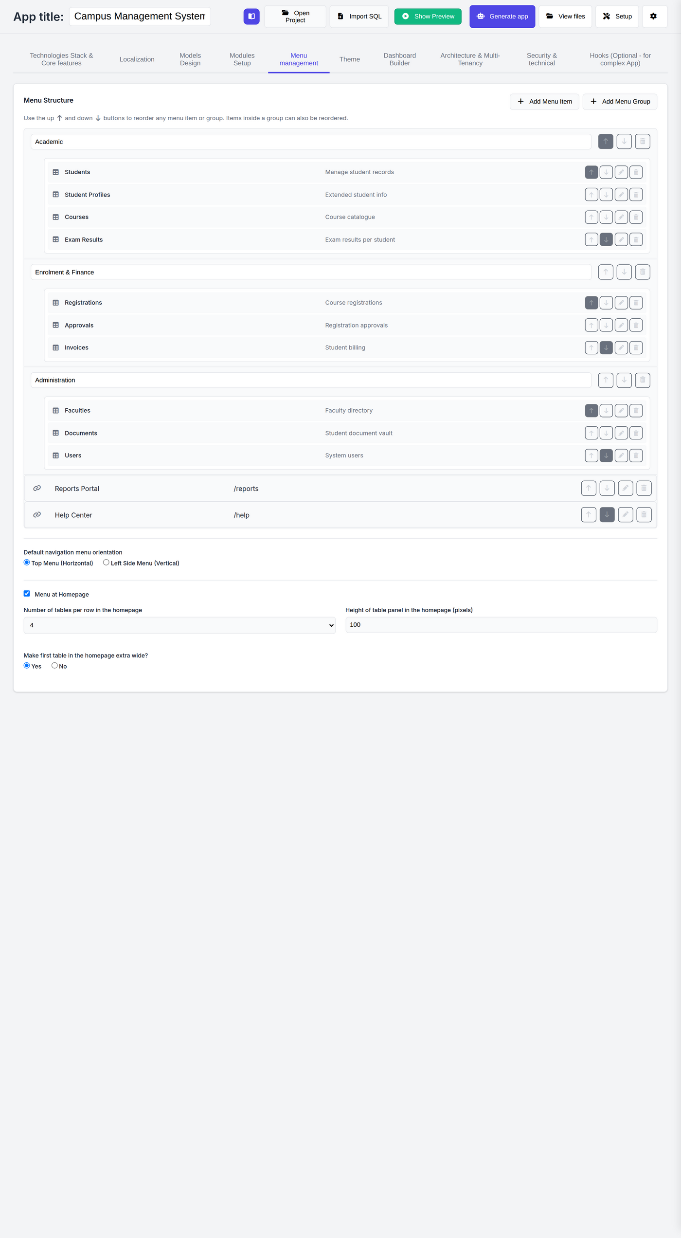 Menu management — three menu groups with nested items and custom links
