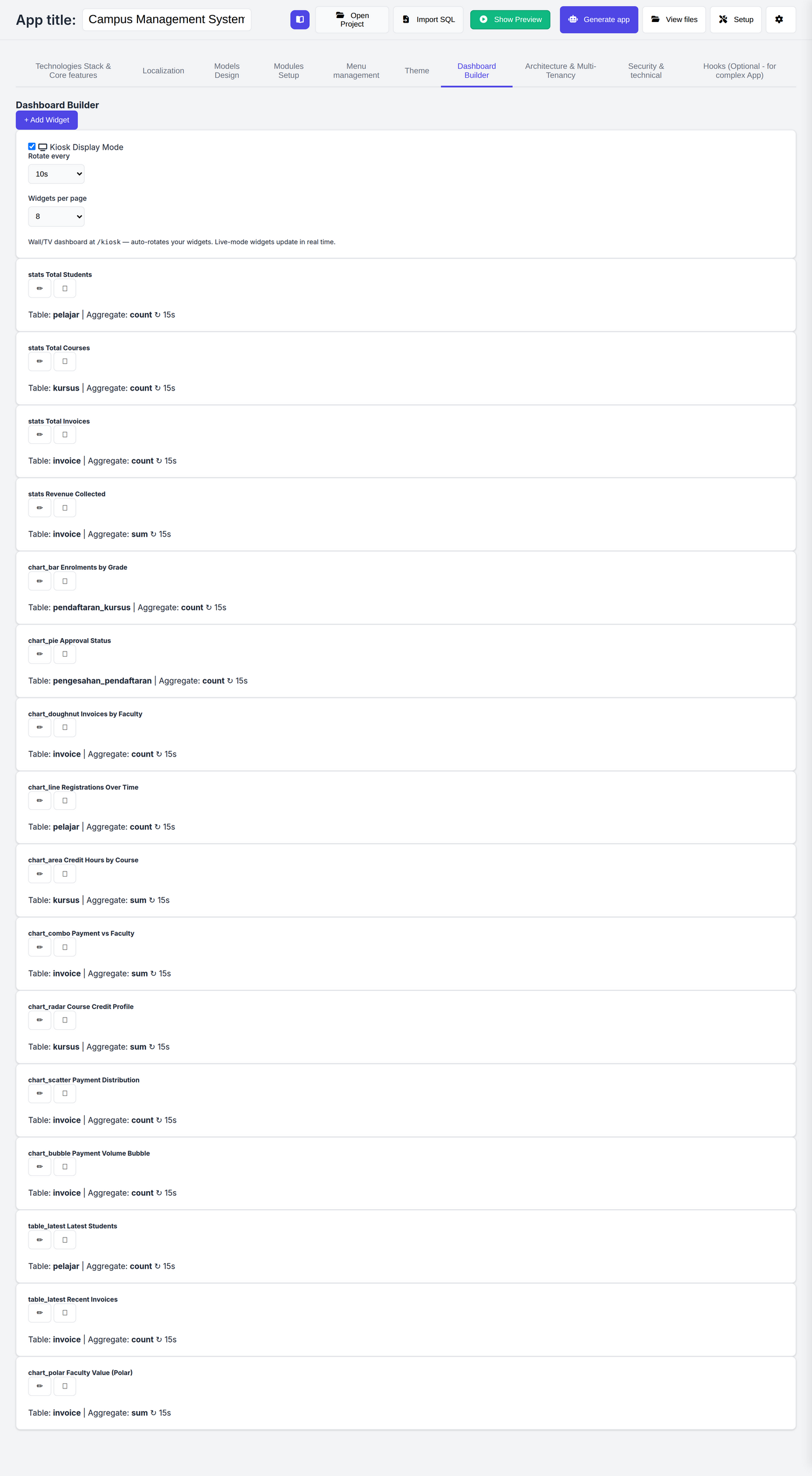 Dashboard Builder — 16 widgets covering all 12 widget types with live refresh