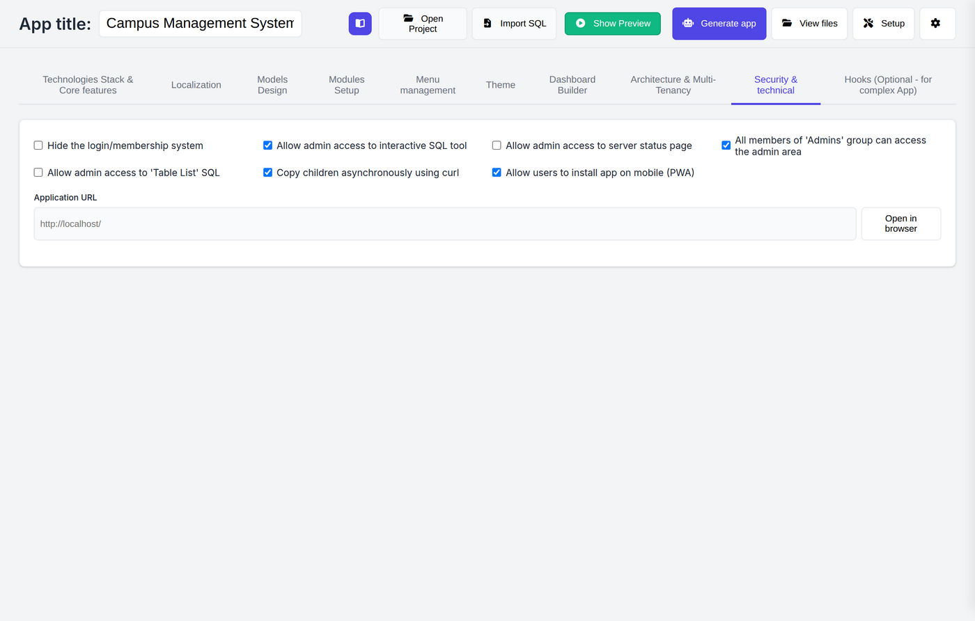 Security and technical settings tab
